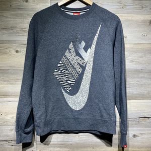 Nike Men’s Medium Gray Crew Neck Sweatshirt Logo Big Swoosh Zebra Abstract Print